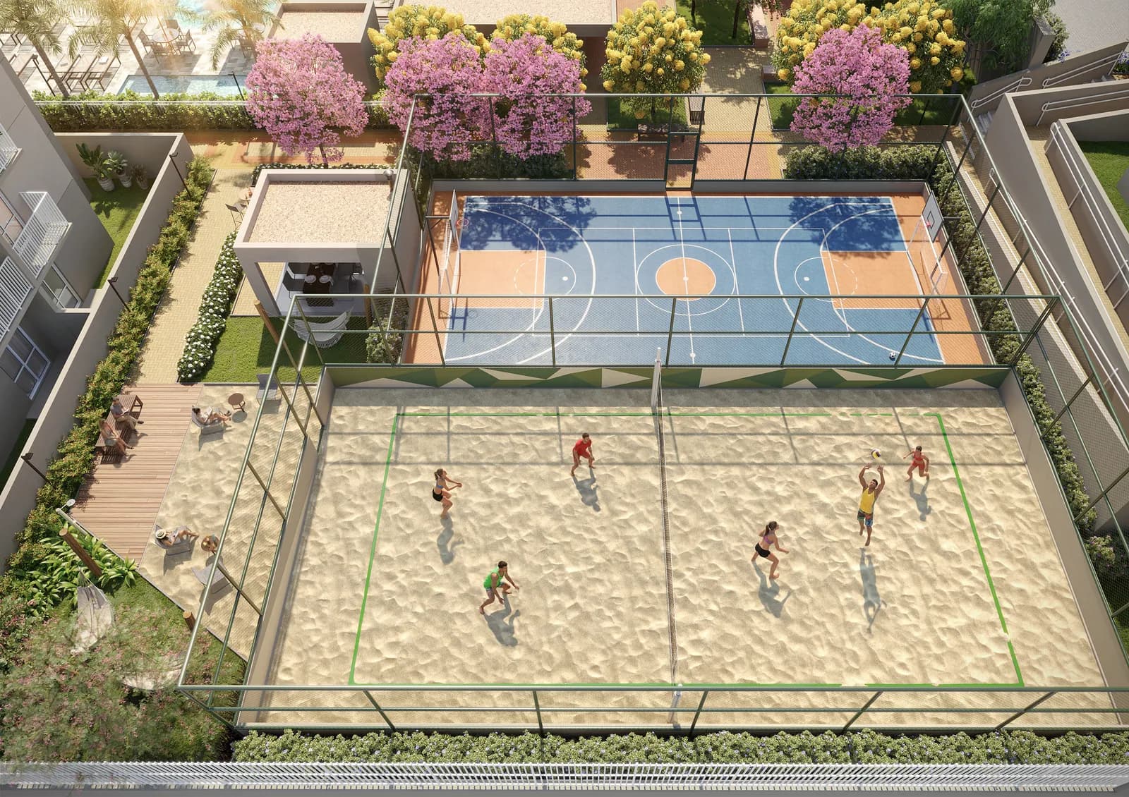 Quadra de esportes e quadra de areia do Natuá vistas de cima