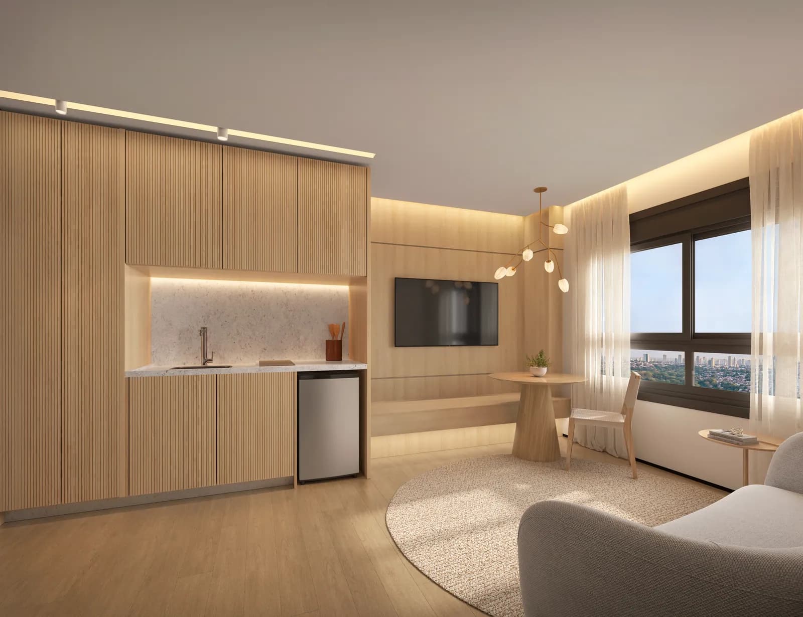Cozinha e living do apartamento de 48 m² do Ryokan Flamboyant
