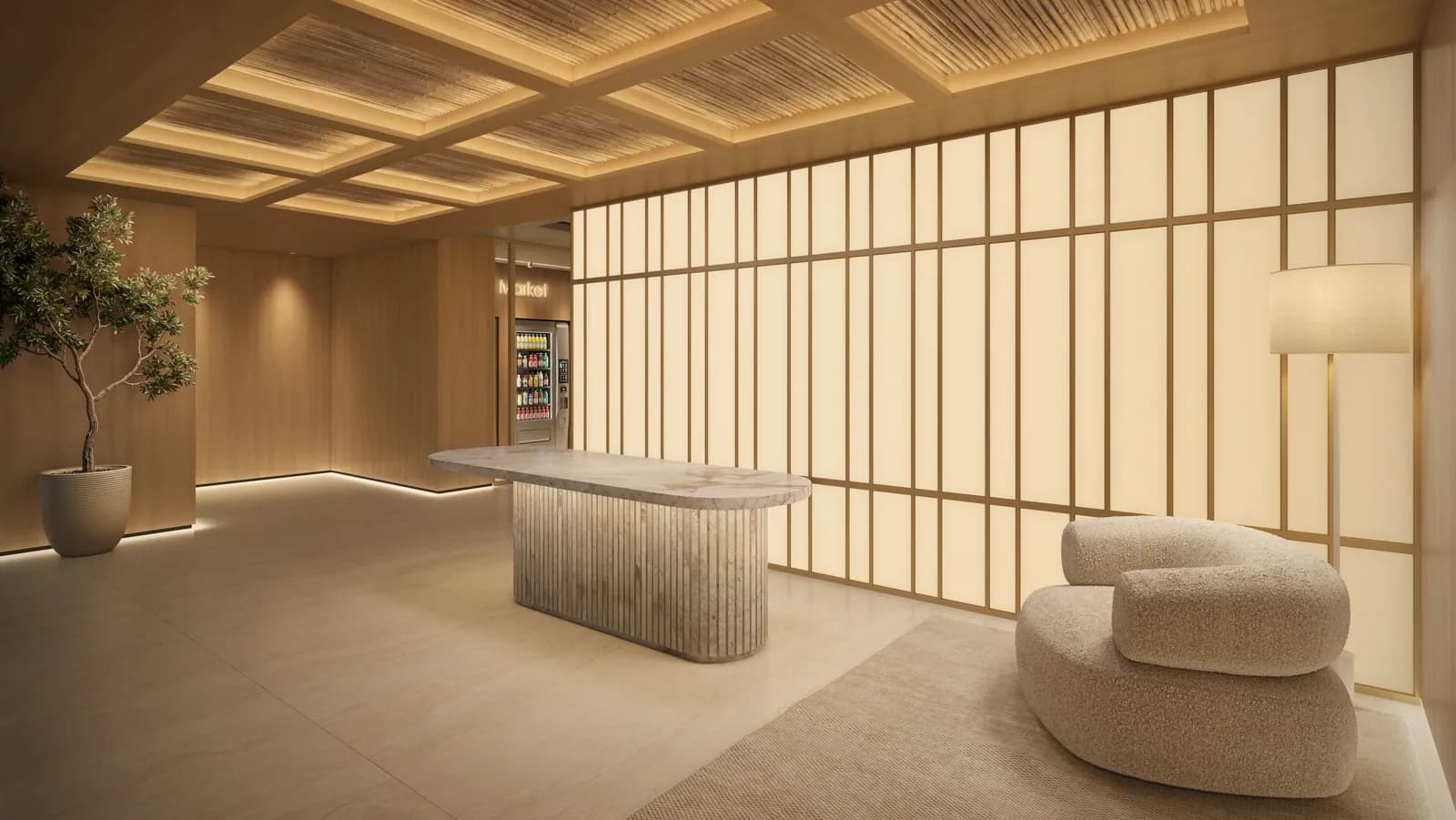 Lobby do Ryokan Flamboyant com painéis shōji