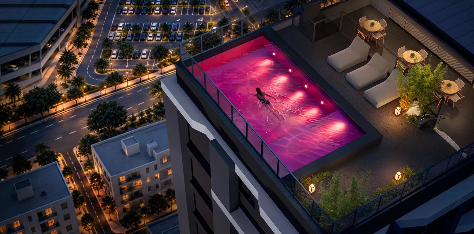 Pink Pool do Ryokan Flamboyant à noite