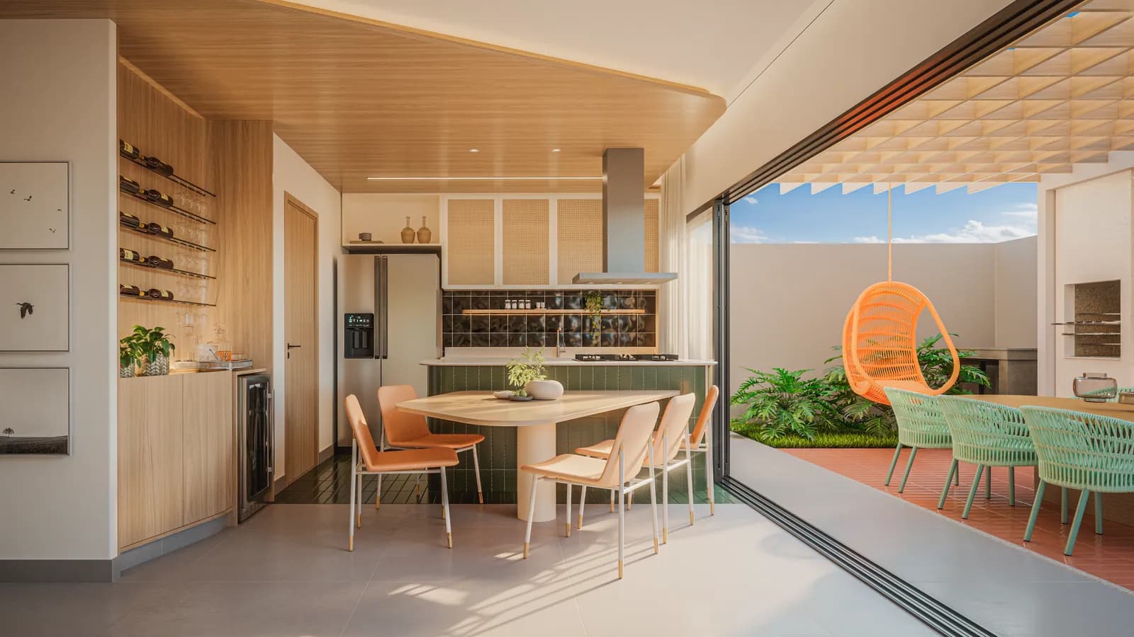Cozinha integrada ao quintal no sobrado de 129 m²