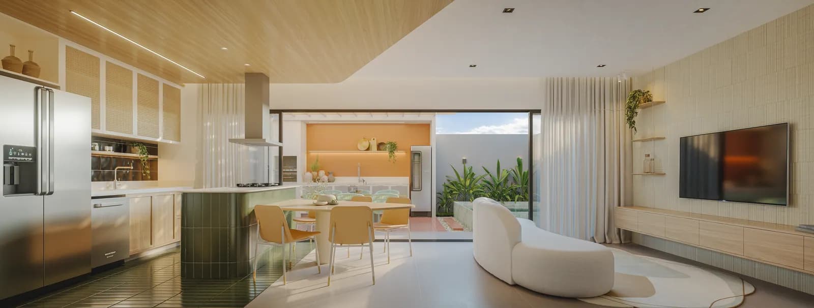Living integrado com cozinha e quintal no sobrado de 129 m²