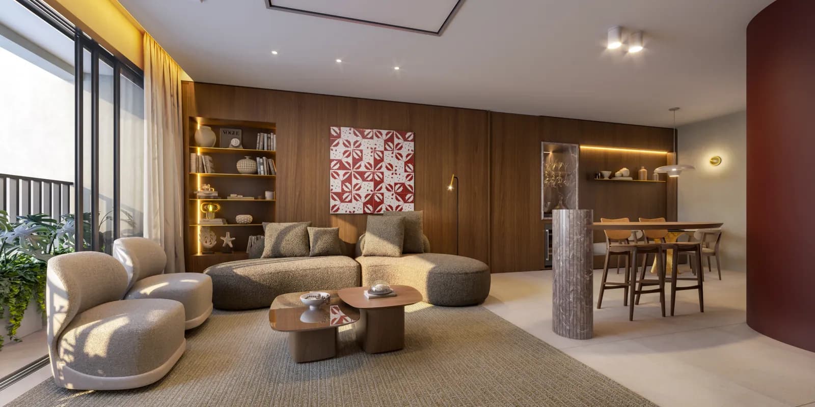 Living do apartamento de 92 m² do Tempo Flamboyant Residencial