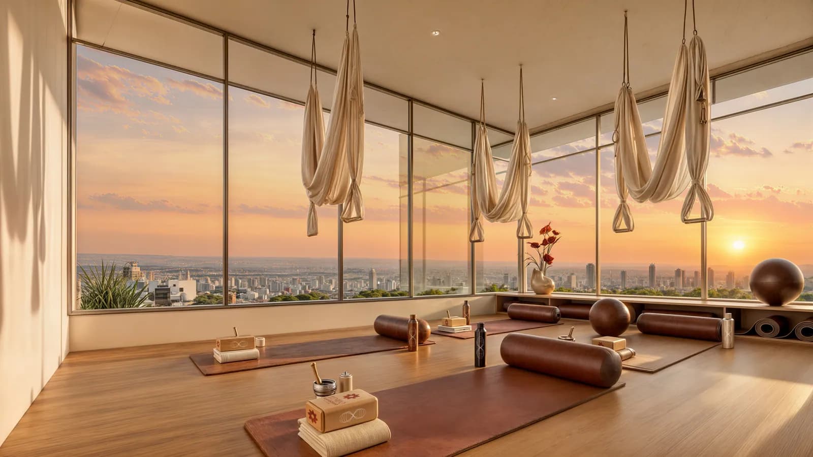 Sala de yoga e meditação com vista para a cidade