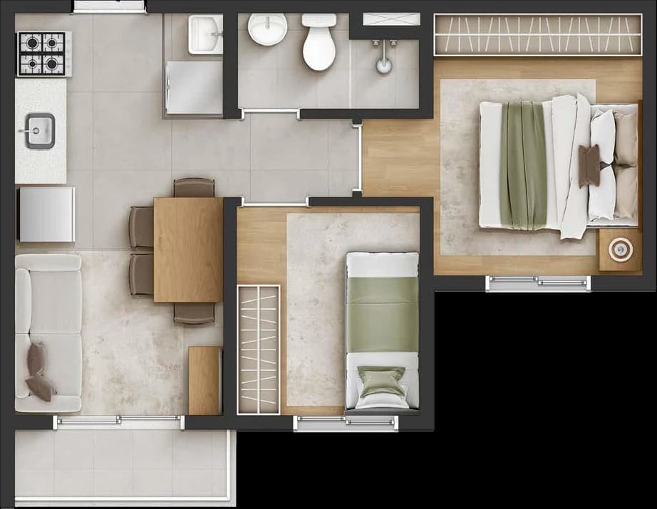 Planta do apartamento de 2 quartos com varanda e 34 m² do Natuá