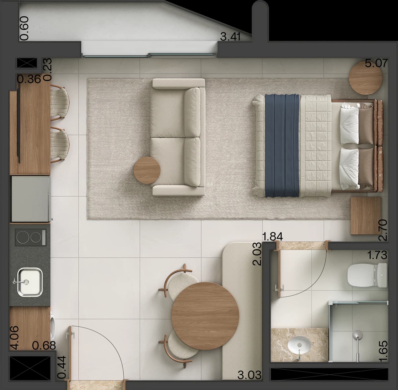 Planta do studio de 29 m² do Ryokan Flamboyant