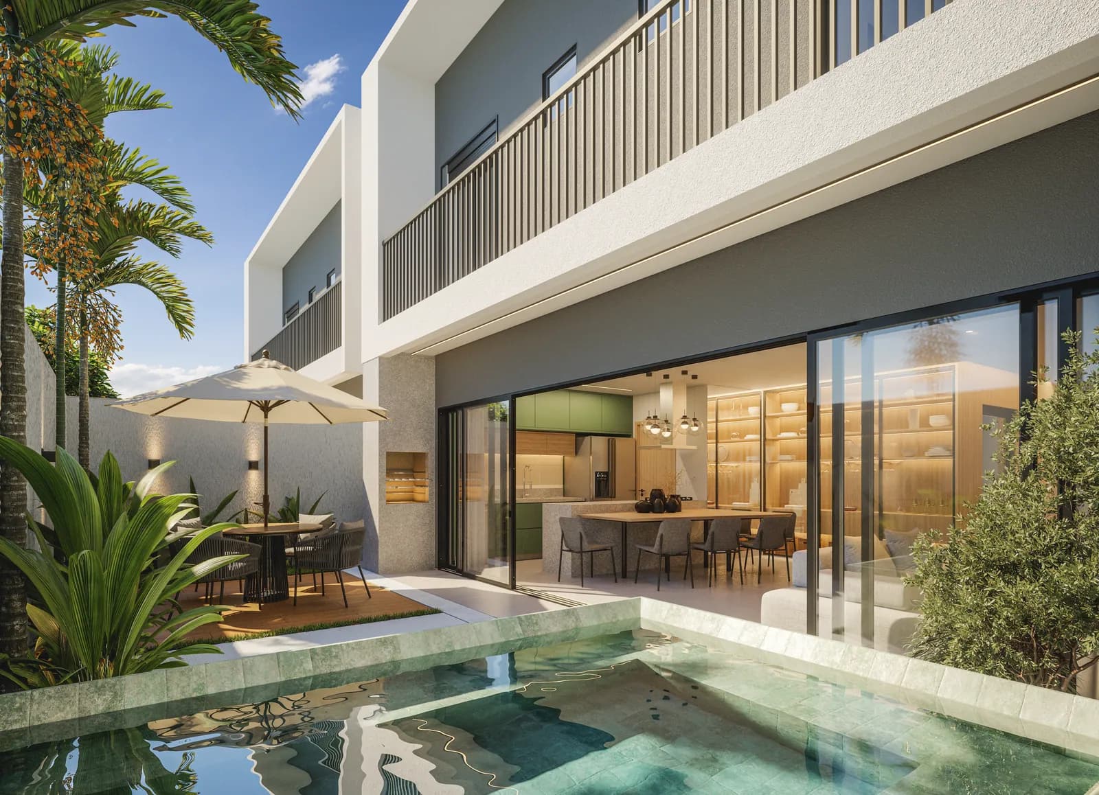 Living integrado ao quintal no sobrado de 174 m² do Surya By Palme