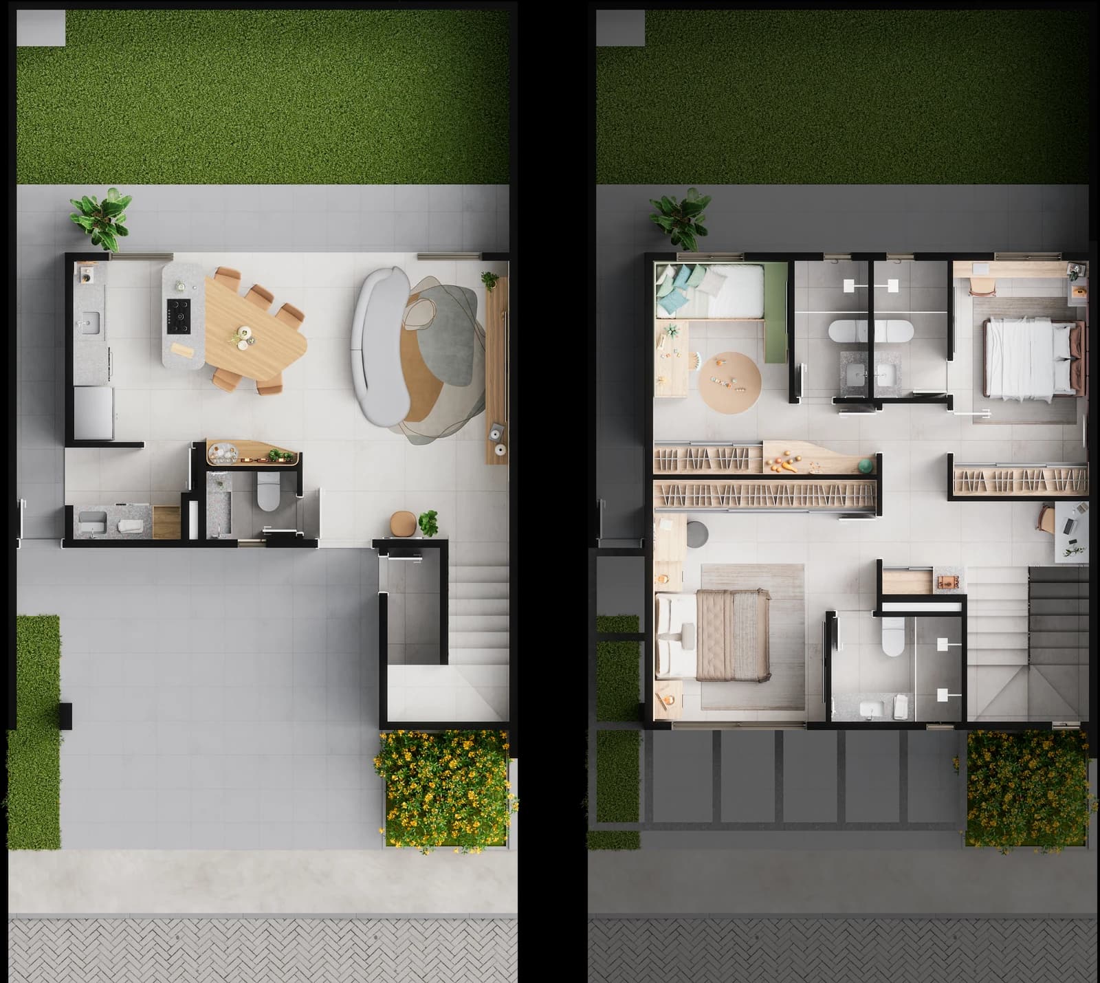 Plantas do térreo e do pavimento superior do sobrado de 129 m²