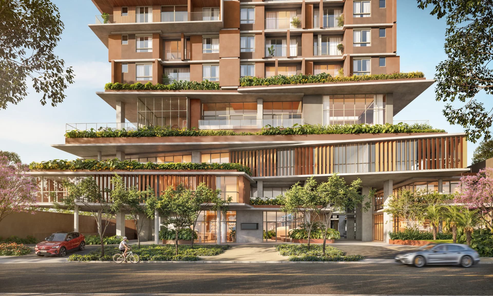Base do Tempo Flamboyant Residencial, com lojas, jardins e a praça aberta