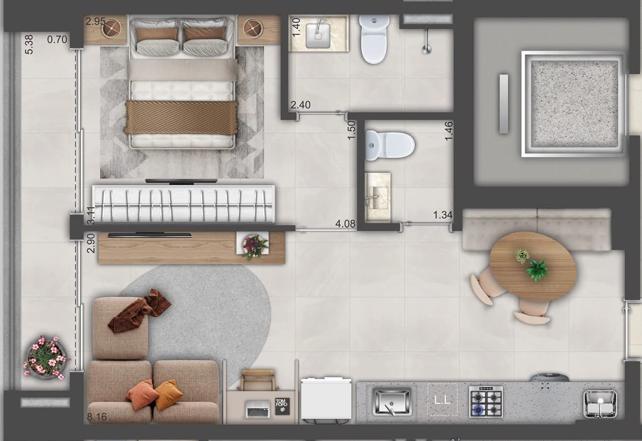 Planta do apartamento de 1 suíte e 54 m² do Tempo Flamboyant Residencial