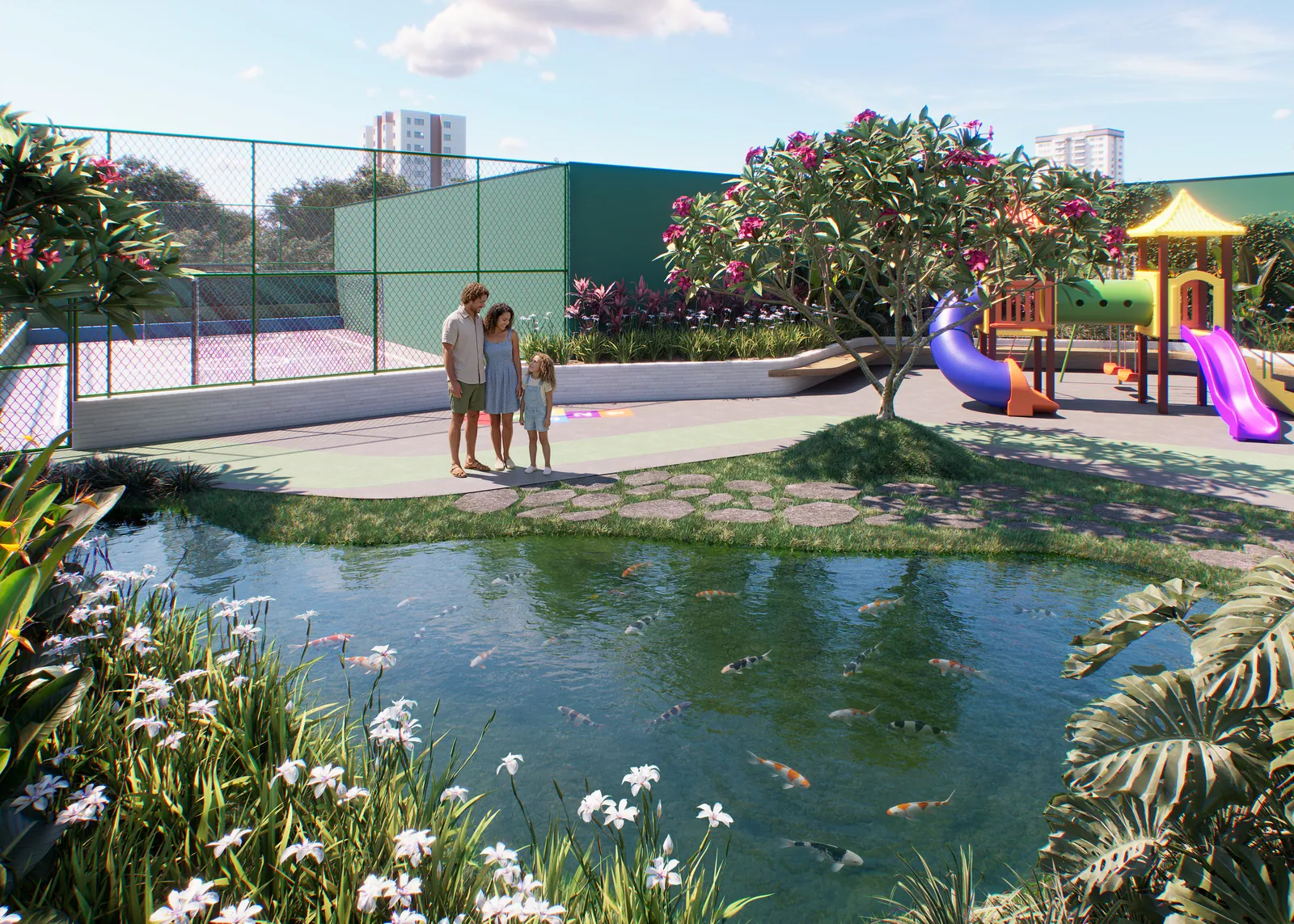 Bosque com lago de carpas