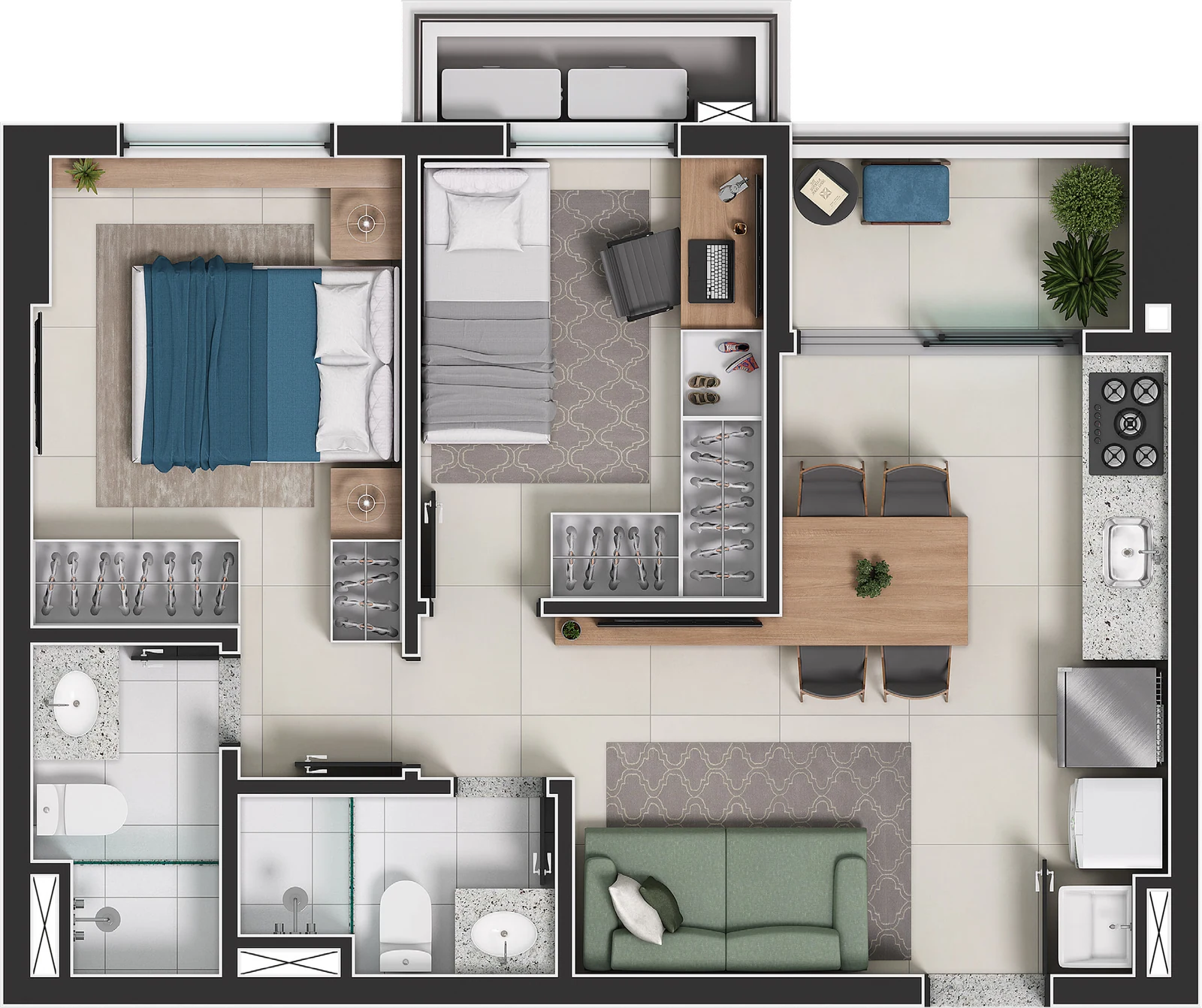Planta humanizada do apartamento de 52 m², 2 quartos, sendo 1 suíte, com varanda