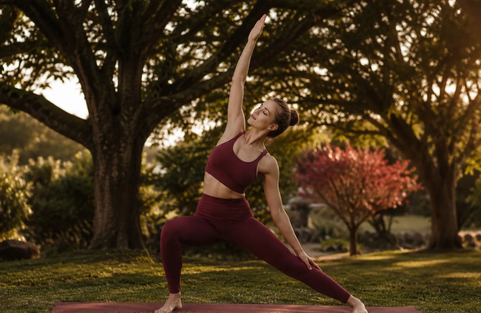 Manhã de yoga sob as árvores do parque