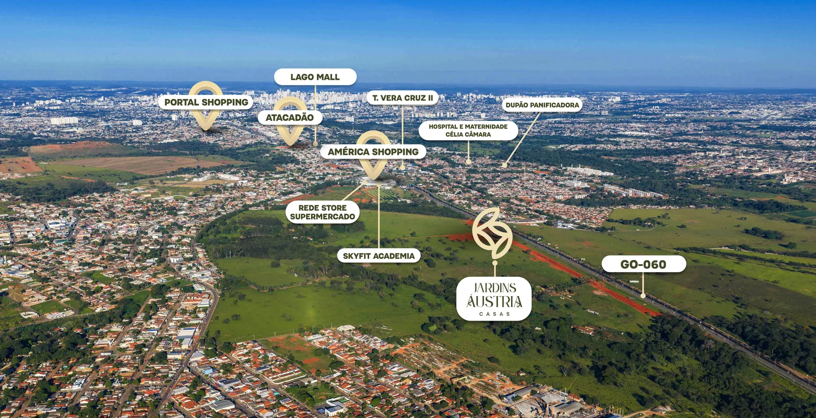 Mapa aéreo com a localização do Jardins Áustria e os pontos de referência da região
