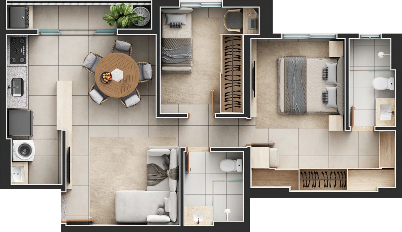 Planta do apartamento de 66,41 m² — 2 quartos, sendo 1 suíte, com varanda