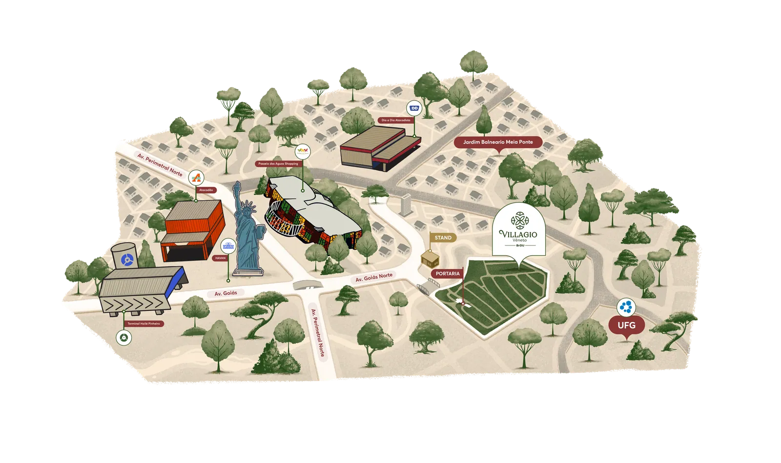 Mapa da região do Villagio Vêneto, no norte de Goiânia